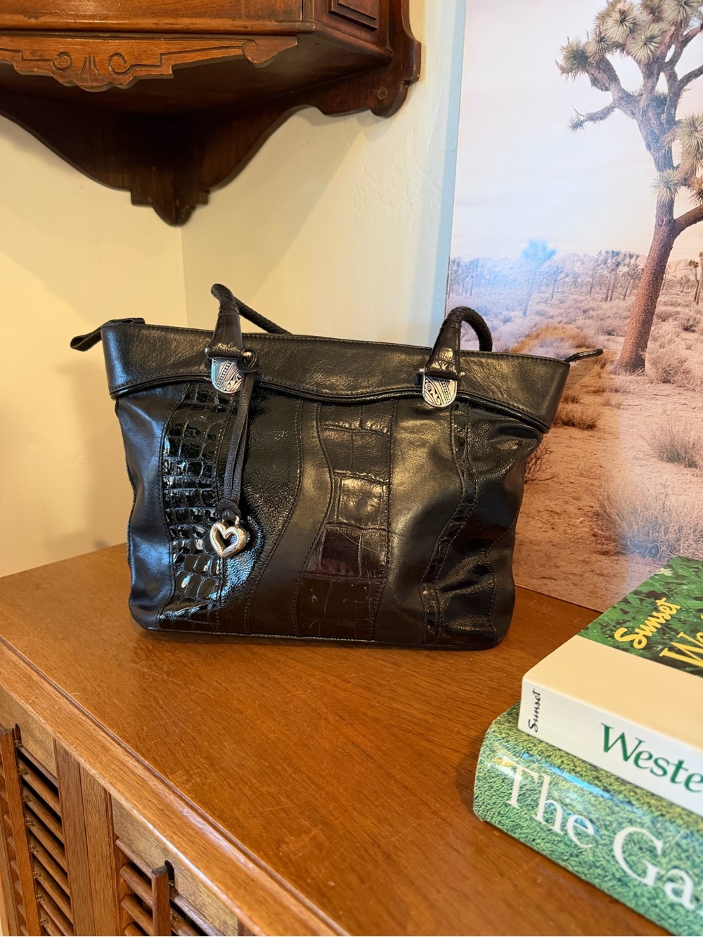 Brighton Black Leather Croc Embossed Tote Shoulder Bag Heart Charm with Box